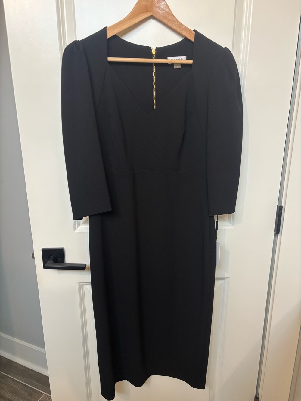 NEW CALVIN KLEIN Black Cocktail Pencil Dress 3/4 Bell Sleev Ponte Stretch 10 NWT